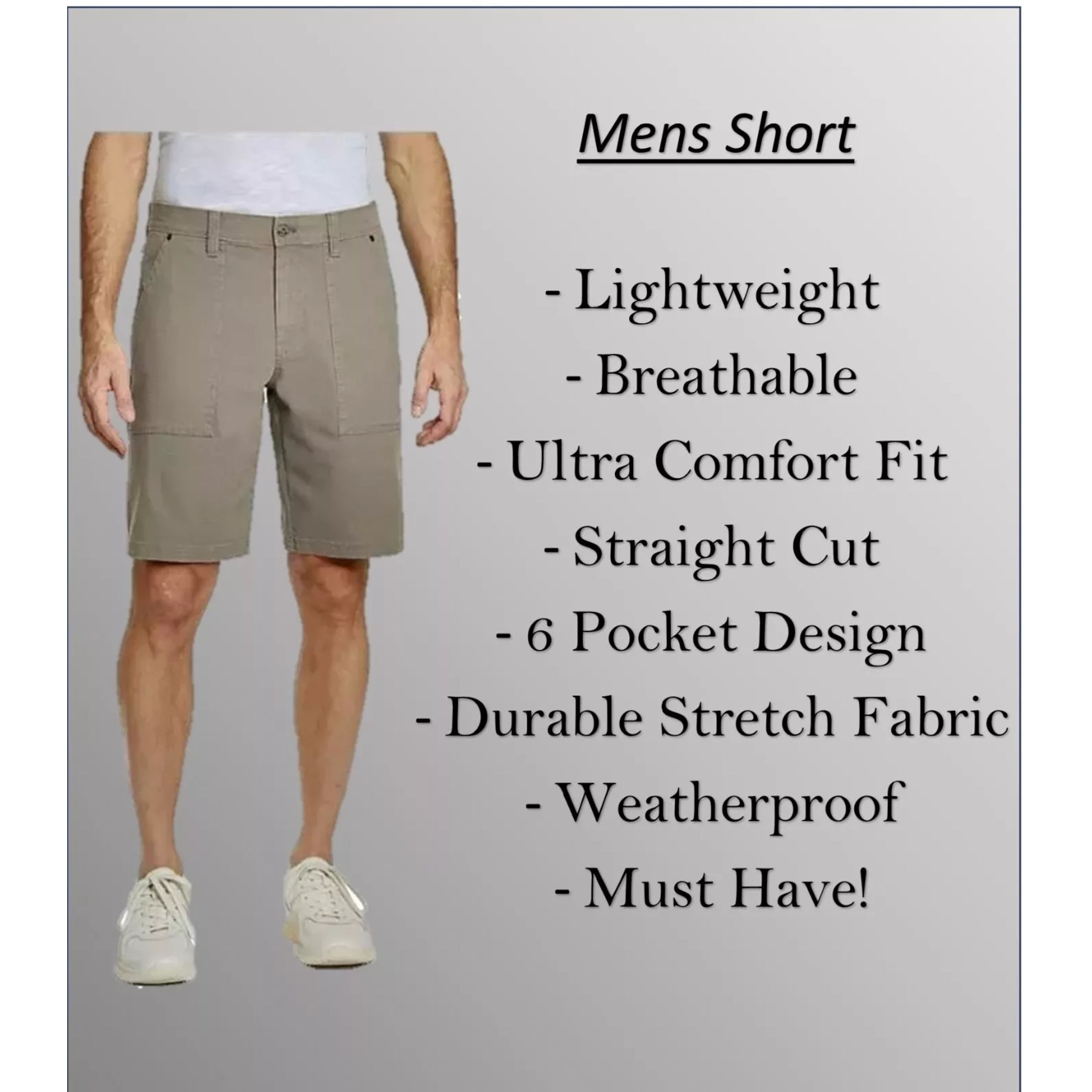 Men's weatherproof cargo-style shorts with 6-pocket design, lightweight breathable stretch fabric, straight cut, and ultra comfort fit – perfect for outdoor and casual wear.